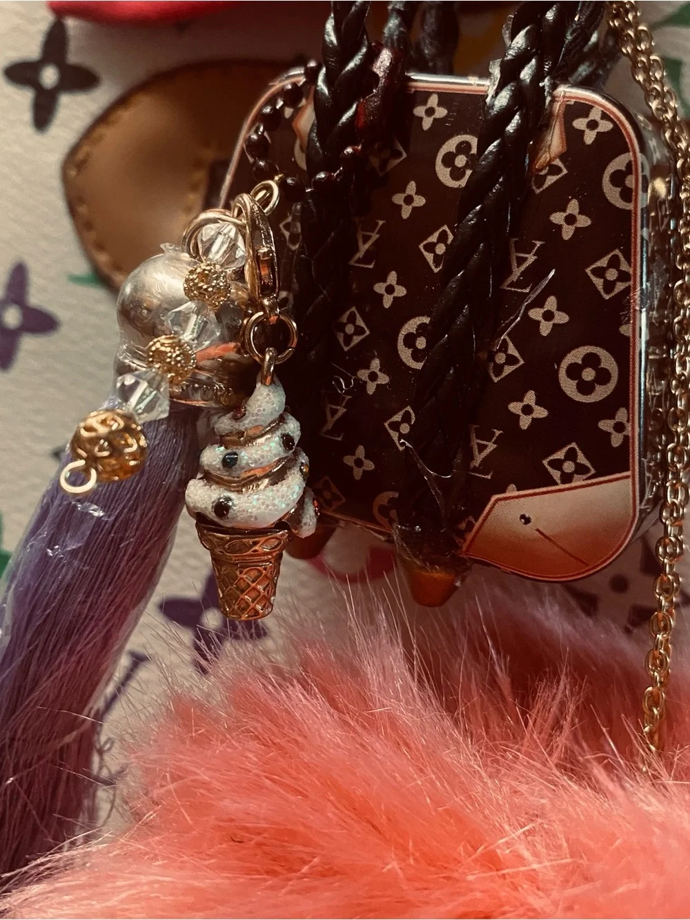Purse charm mini Satchel with Pink Fur Pompom - Picture 2 of 5